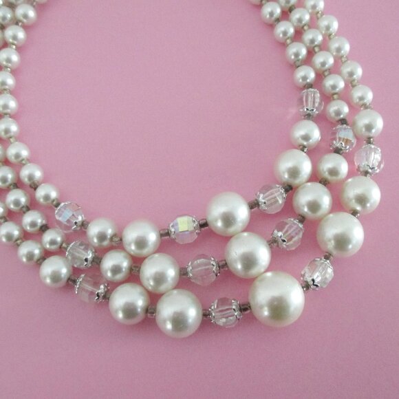 Glass Pearl Bead Necklace Triple Strand Crystals - Picture 6 of 8